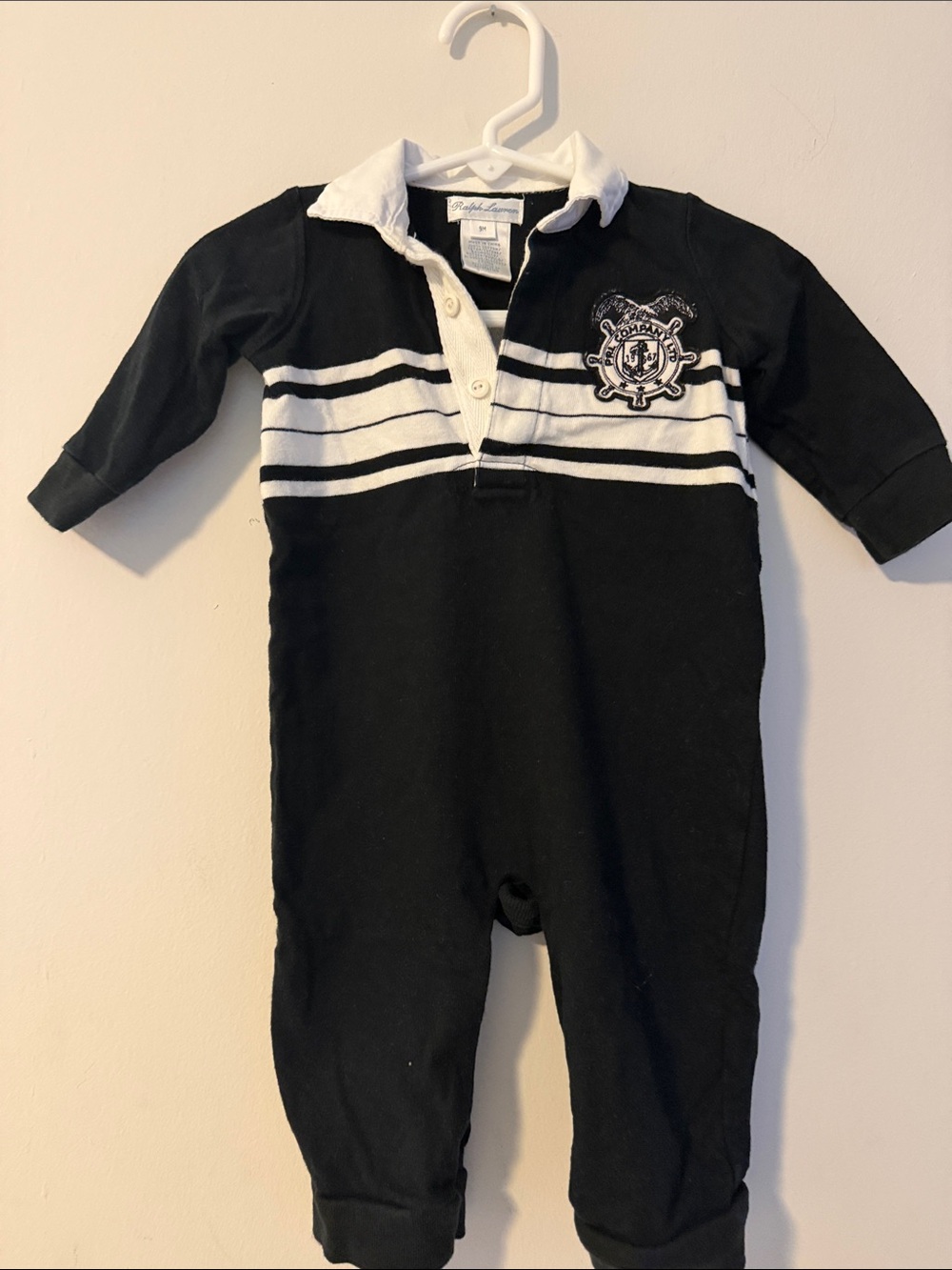 Ralph Lauren Black and White Striped Rugby One-Piece